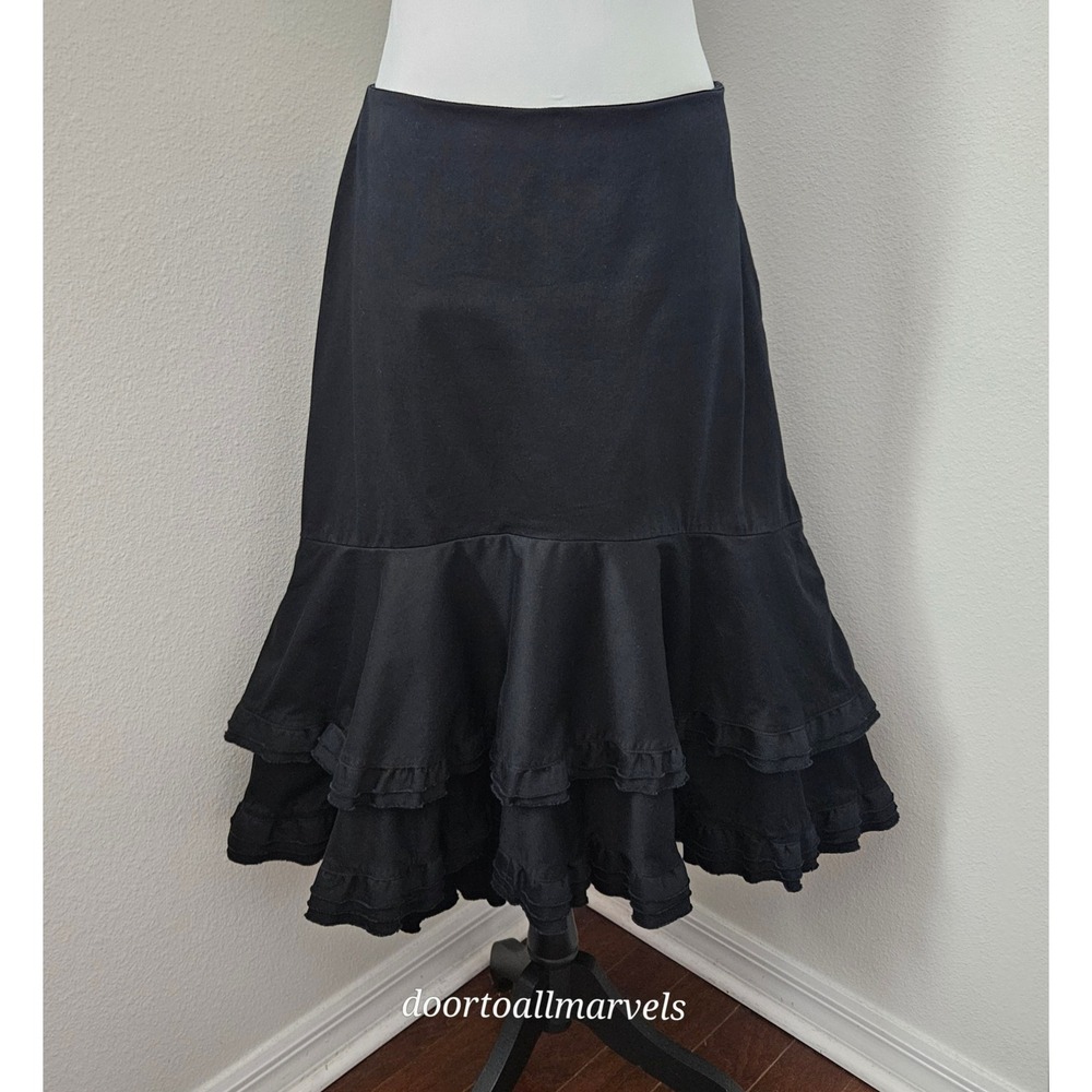 Vintage Y2K Anthropologie Odille Tiered Ruffle Trumpet Midi Skirt Cotton sz 12